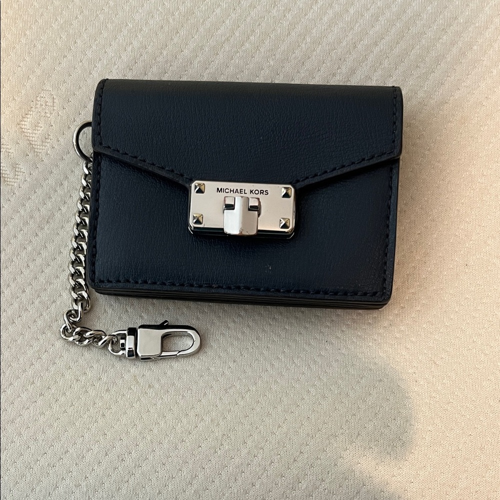 EUC Michael Kors Navy Card Wallet Four Card Slots with Silver Chain and Hardware